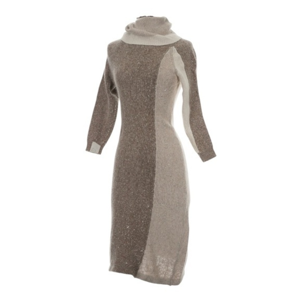 Vtg Vicky Vaughn Neutral Brown Turtleneck Sweater Dress Angora Silk Small